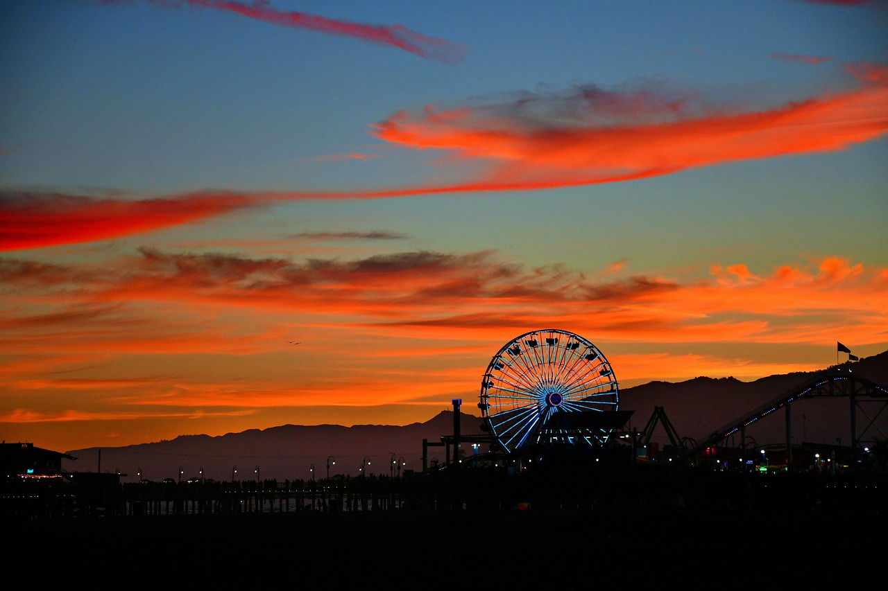 losangeles, nature, santamonica, rollercoaster, usa, california, beach, sunset, santamonicapier, pier, lunapark, merry-go-round, amusement, ride, sky