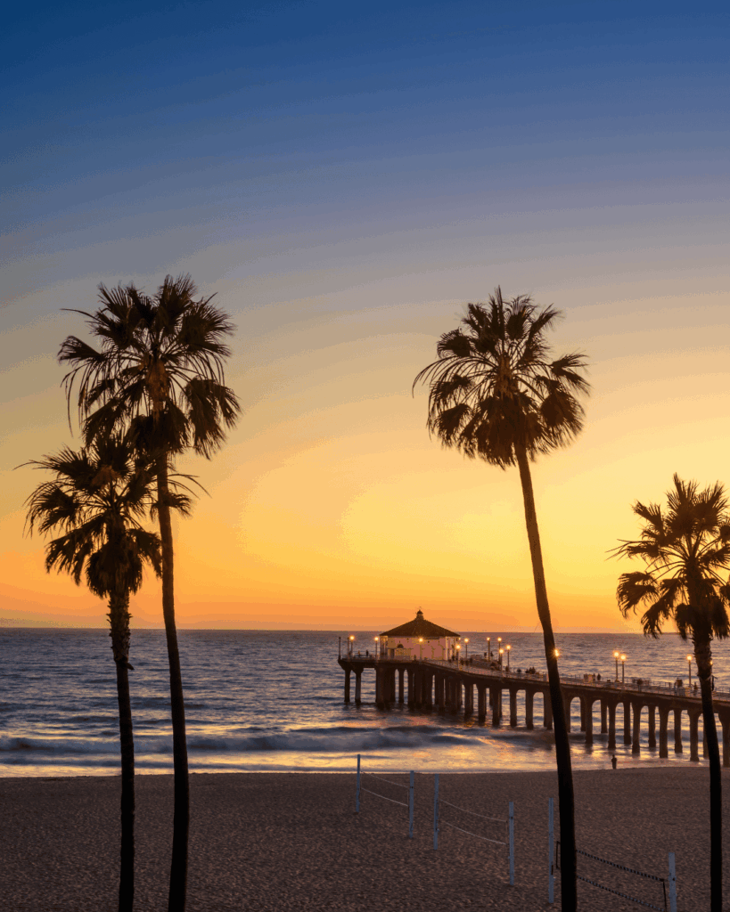 Sunset at Carson, California with nearby coastal landmark