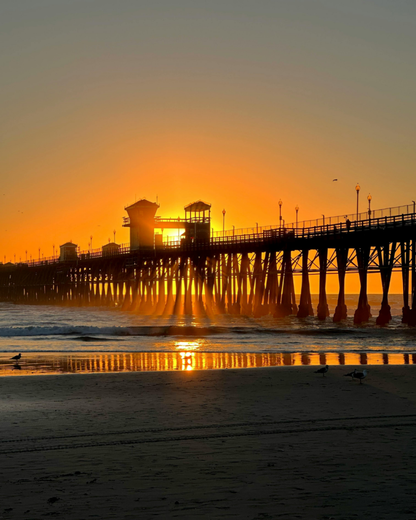 Sunset over Aliso Viejo, California with local pier and coastline