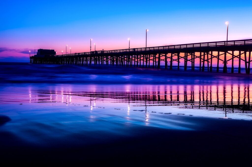 newport beach, california, sunset, dusk, sky, clouds, sea, ocean, reflections, lights, nature, outdoors, vacation, holiday, pier, hdr, beautiful, seashore, blue beach, blue sunset
