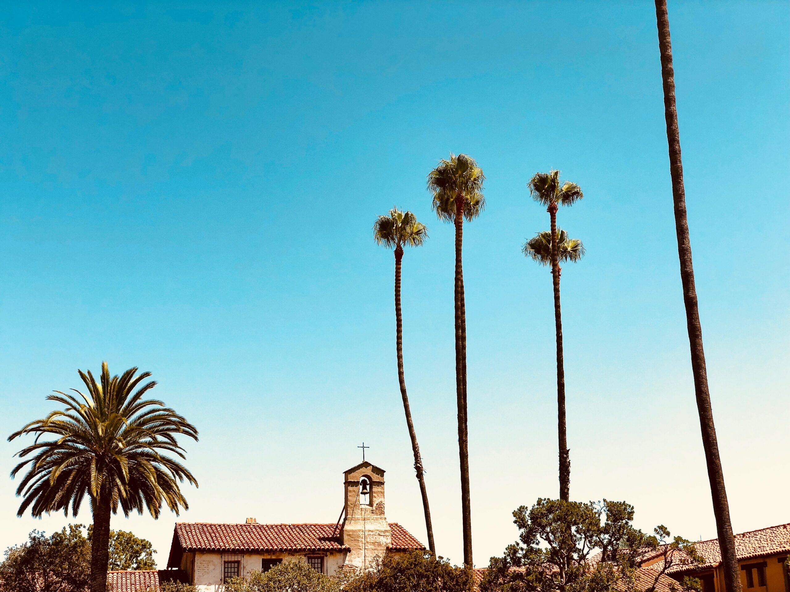 A beautiful Spanish-style church surrounded by tall palm trees under a clear blue sky.